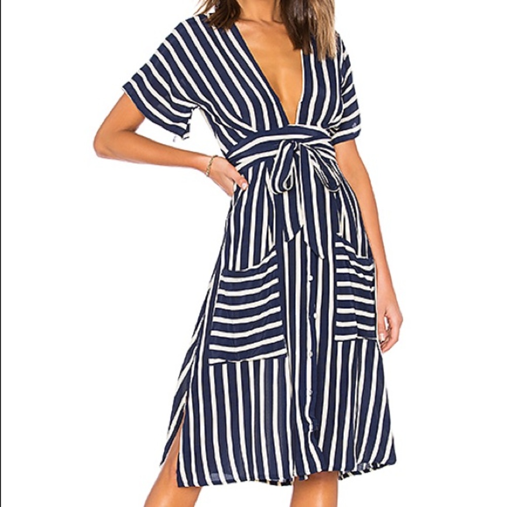 FAITHFULL THE BRAND Milan Midi Dress Navy Stripe